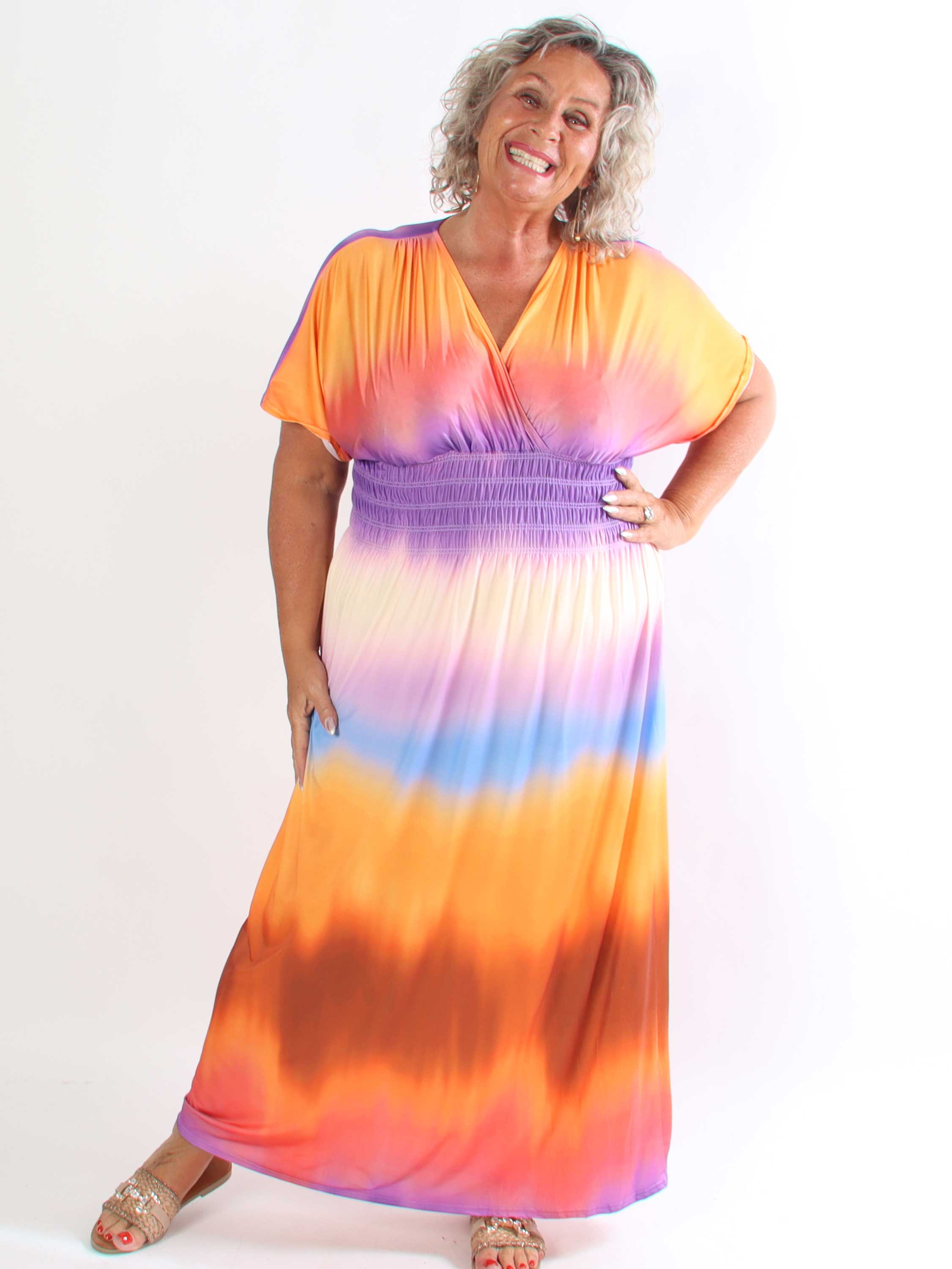 Pams Batik - Elastisk plus size flerfarvet kjole med smock i livet